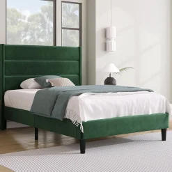 Lit simple 90x200 cm - Lit adulte capitonné avec tête de lit - Lin - Sans Matelas - Vert Foncé>Okwish Outlet