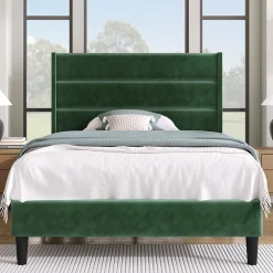 Lit simple 90x200 cm - Lit adulte capitonné avec tête de lit - Lin - Sans Matelas - Vert Foncé><noscript><img width=