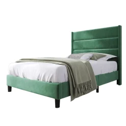 Lit simple 90x200 cm - Lit adulte capitonné avec tête de lit - Lin - Sans Matelas - Vert Foncé><noscript><img width=