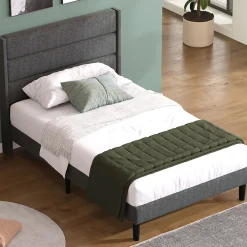 Okwish Lit simple 90x200 cm - Lit adulte capitonné avec tête de lit - Lin - Sans Matelas - Gris Foncé* Lit Simple