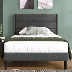 Okwish Lit simple 90x200 cm - Lit adulte capitonné avec tête de lit - Lin - Sans Matelas - Gris Foncé* Lit Simple