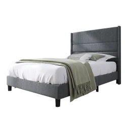 Okwish Lit simple 90x200 cm - Lit adulte capitonné avec tête de lit - Lin - Sans Matelas - Gris Foncé* Lit Simple