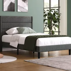 Okwish Lit simple 90x200 cm - Lit adulte capitonné avec tête de lit - Lin - Sans Matelas - Gris Foncé* Lit Simple
