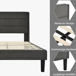 Okwish Lit simple 90x200 cm - Lit adulte capitonné avec tête de lit - Lin - Sans Matelas - Gris Foncé* Lit Simple