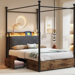 Lit simple 90x190 cm - Lit Baldaquin avec Tiroirs de Rangement et Ports USB/Type-C, Métal avec LED Intégré, Noir, Sans Matelas>Okwish Clearance