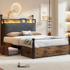 Lit simple 90x190 cm - Lit Baldaquin avec Tiroirs de Rangement et Ports USB/Type-C, Métal avec LED Intégré, Noir, Sans Matelas>Okwish Clearance