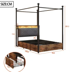 Lit simple 90x190 cm - Lit Baldaquin avec Tiroirs de Rangement et Ports USB/Type-C, Métal avec LED Intégré, Noir, Sans Matelas><noscript><img width=