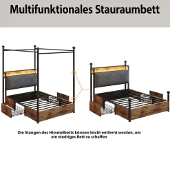 Lit simple 90x190 cm - Lit Baldaquin avec Tiroirs de Rangement et Ports USB/Type-C, Métal avec LED Intégré, Noir, Sans Matelas><noscript><img width=