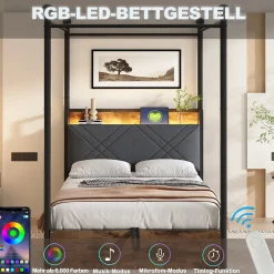 Lit simple 90x190 cm - Lit Baldaquin avec Tiroirs de Rangement et Ports USB/Type-C, Métal avec LED Intégré, Noir, Sans Matelas><noscript><img width=