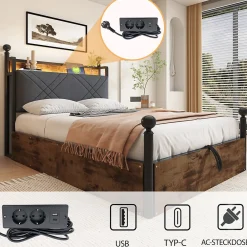 Lit simple 90x190 cm - Lit Baldaquin avec Tiroirs de Rangement et Ports USB/Type-C, Métal avec LED Intégré, Noir, Sans Matelas><noscript><img width=