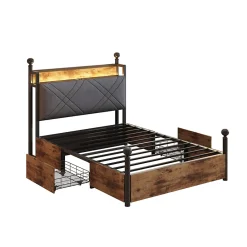 Lit simple 90x190 cm - Lit Baldaquin avec Tiroirs de Rangement et Ports USB/Type-C, Métal avec LED Intégré, Noir, Sans Matelas><noscript><img width=