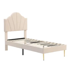 Okwish Lit Simple 90x200 cm - Lit Capitonné en Velours avec Tête de Lit Coquillage et Banquette de Rangement - Sans Matelas - Beige* Lit Simple