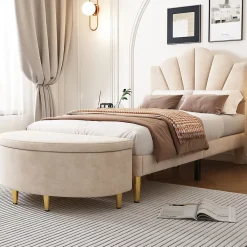 Okwish Lit Simple 90x200 cm - Lit Capitonné en Velours avec Tête de Lit Coquillage et Banquette de Rangement - Sans Matelas - Beige* Lit Simple