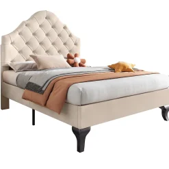 Okwish Lit Simple 90x200 cm - Lit Capitonné en Velours avec Tête de Lit Réglable et Sommier en Bois, Sans Matelas - Beige* Lit Simple