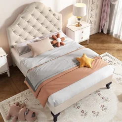 Okwish Lit Simple 90x200 cm - Lit Capitonné en Velours avec Tête de Lit Réglable et Sommier en Bois, Sans Matelas - Beige* Lit Simple