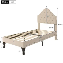 Okwish Lit Simple 90x200 cm - Lit Capitonné en Velours avec Tête de Lit Réglable et Sommier en Bois, Sans Matelas - Beige* Lit Simple