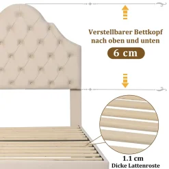 Okwish Lit Simple 90x200 cm - Lit Capitonné en Velours avec Tête de Lit Réglable et Sommier en Bois, Sans Matelas - Beige* Lit Simple
