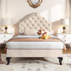 Okwish Lit Simple 90x200 cm - Lit Capitonné en Velours avec Tête de Lit Réglable et Sommier en Bois, Sans Matelas - Beige* Lit Simple