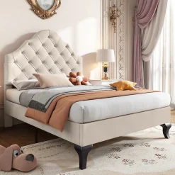 Okwish Lit Simple 90x200 cm - Lit Capitonné en Velours avec Tête de Lit Réglable et Sommier en Bois, Sans Matelas - Beige* Lit Simple