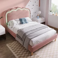 Okwish Lit simple 90x190 cm - Lit capitonné avec tête de lit LED réglable - Velours - Sans Matelas - Rose* Lit Double