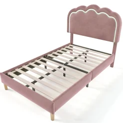 Okwish Lit simple 90x190 cm - Lit capitonné avec tête de lit LED réglable - Velours - Sans Matelas - Rose* Lit Double