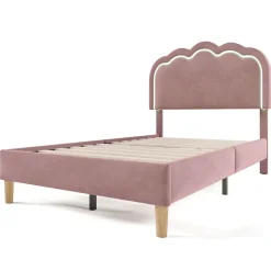 Okwish Lit simple 90x190 cm - Lit capitonné avec tête de lit LED réglable - Velours - Sans Matelas - Rose* Lit Double