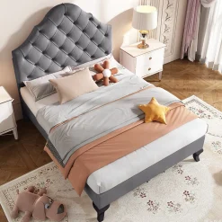 Okwish Lit Simple 90x200 cm - Lit Capitonné en Velours avec Tête de Lit Réglable, Sans Matelas - Gris* Lit Simple