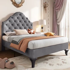 Okwish Lit Simple 90x200 cm - Lit Capitonné en Velours avec Tête de Lit Réglable, Sans Matelas - Gris* Lit Simple