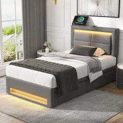 Lit Simple 90x200 cm - Lit Coffre avec 4 Tiroirs et Éclairage LED - Lit Capitonné PU - Gris - Sans Matelas><noscript><img width=