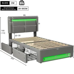 Lit Simple 90x200 cm - Lit Coffre avec 4 Tiroirs et Éclairage LED - Lit Capitonné PU - Gris - Sans Matelas><noscript><img width=