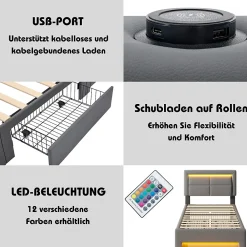 Lit Simple 90x200 cm - Lit Coffre avec 4 Tiroirs et Éclairage LED - Lit Capitonné PU - Gris - Sans Matelas><noscript><img width=