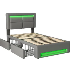 Lit Simple 90x200 cm - Lit Coffre avec 4 Tiroirs et Éclairage LED - Lit Capitonné PU - Gris - Sans Matelas><noscript><img width=