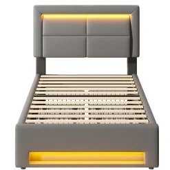 Lit Simple 90x200 cm - Lit Coffre avec 4 Tiroirs et Éclairage LED - Lit Capitonné PU - Gris - Sans Matelas><noscript><img width=