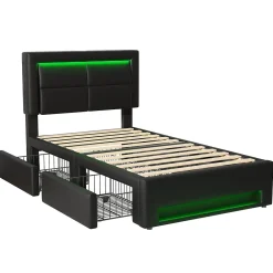 Generique Lit Simple 90x200 cm - Lit Coffre avec 4 Tiroirs et Éclairage LED - Lit Capitonné PU - Noir - Sans Matelas* Lit Coffre