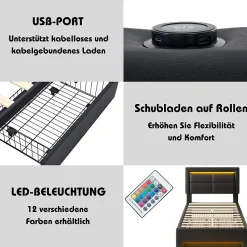Okwish Lit Simple 90x190 cm - Lit Coffre avec 4 Tiroirs et Éclairage LED - Lit Capitonné PU - Noir - Sans Matelas* Lit Simple