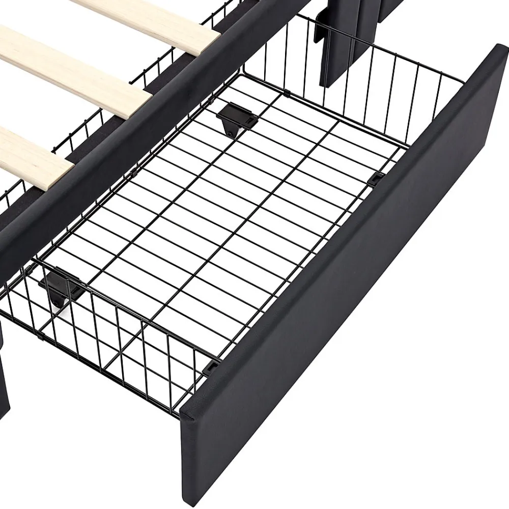 Okwish Lit Simple 90x190 cm - Lit Coffre avec 4 Tiroirs et Éclairage LED - Lit Capitonné PU - Noir - Sans Matelas* Lit Simple