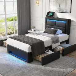 Okwish Lit Simple 90x190 cm - Lit Coffre avec 4 Tiroirs et Éclairage LED - Lit Capitonné PU - Noir - Sans Matelas* Lit Simple