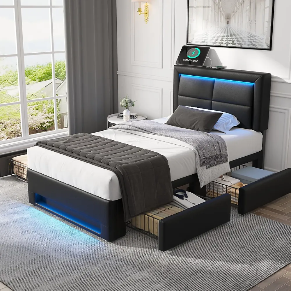 Okwish Lit Simple 90x190 cm - Lit Coffre avec 4 Tiroirs et Éclairage LED - Lit Capitonné PU - Noir - Sans Matelas* Lit Simple