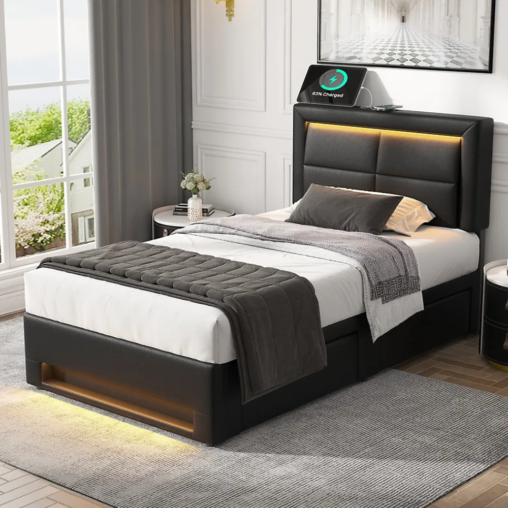 Okwish Lit Simple 90x190 cm - Lit Coffre avec 4 Tiroirs et Éclairage LED - Lit Capitonné PU - Noir - Sans Matelas* Lit Simple