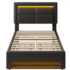 Okwish Lit Simple 90x190 cm - Lit Coffre avec 4 Tiroirs et Éclairage LED - Lit Capitonné PU - Noir - Sans Matelas* Lit Simple