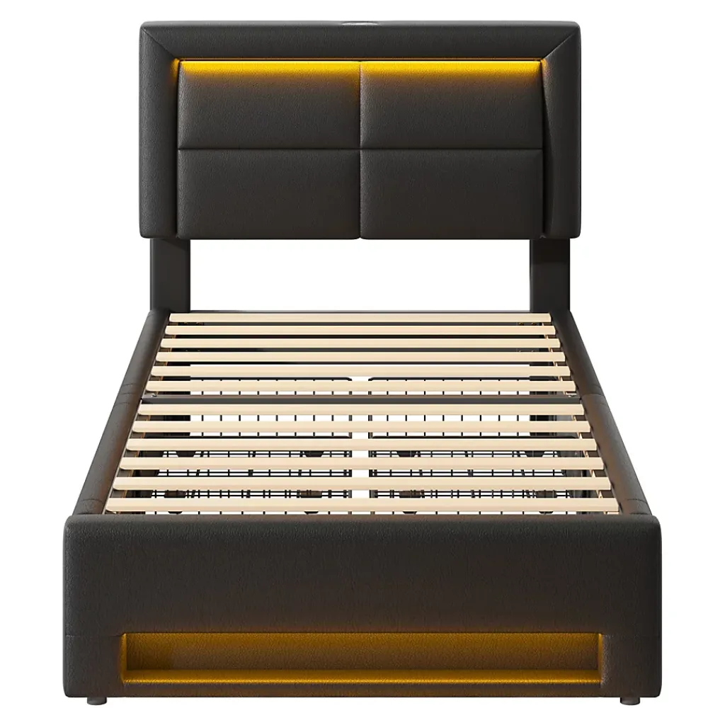 Okwish Lit Simple 90x190 cm - Lit Coffre avec 4 Tiroirs et Éclairage LED - Lit Capitonné PU - Noir - Sans Matelas* Lit Simple
