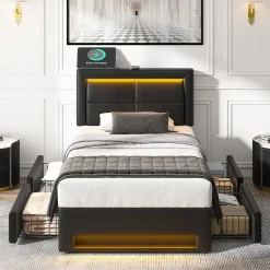 Okwish Lit Simple 90x190 cm - Lit Coffre avec 4 Tiroirs et Éclairage LED - Lit Capitonné PU - Noir - Sans Matelas* Lit Simple