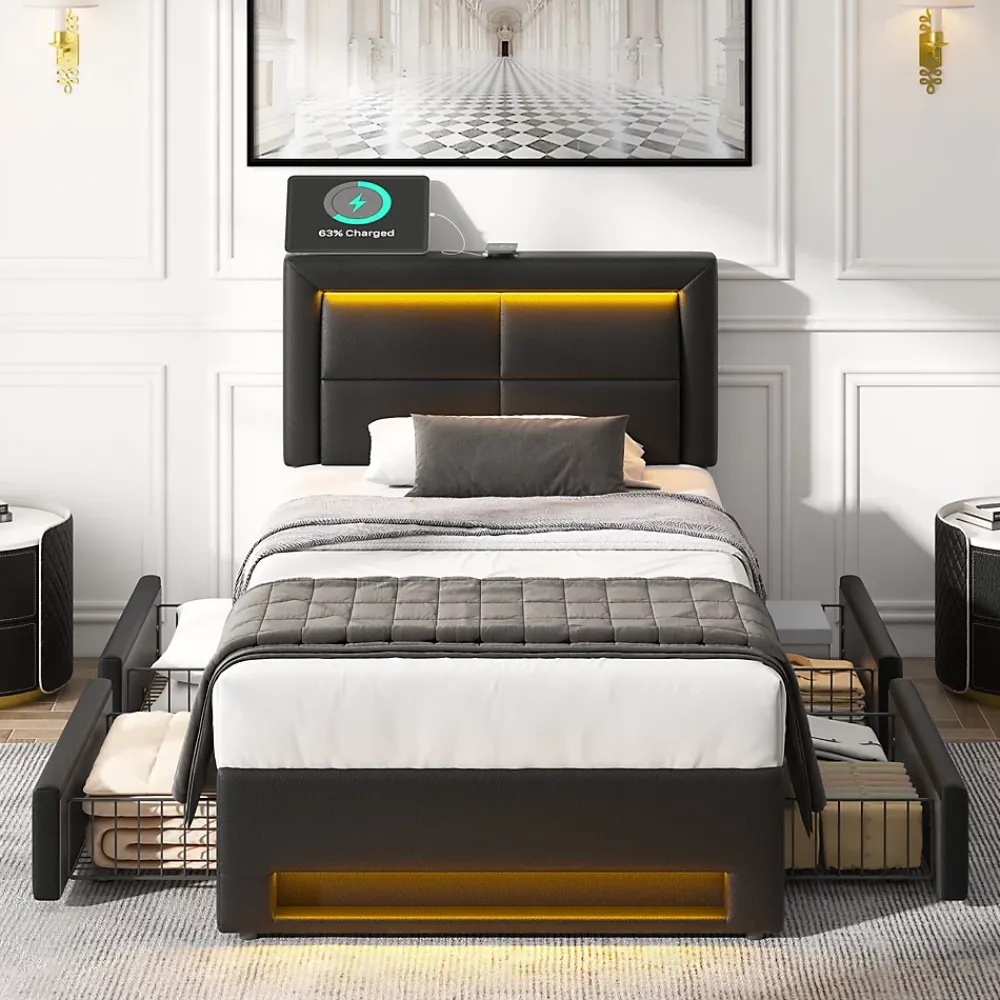 Okwish Lit Simple 90x190 cm - Lit Coffre avec 4 Tiroirs et Éclairage LED - Lit Capitonné PU - Noir - Sans Matelas* Lit Simple