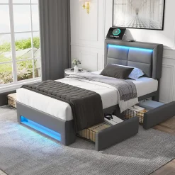 Lit Simple 90x190 cm - Lit Coffre avec 4 Tiroirs et Ports USB - Éclairage LED - Gain de Place - Gris - Sans Matelas>Okwish Clearance