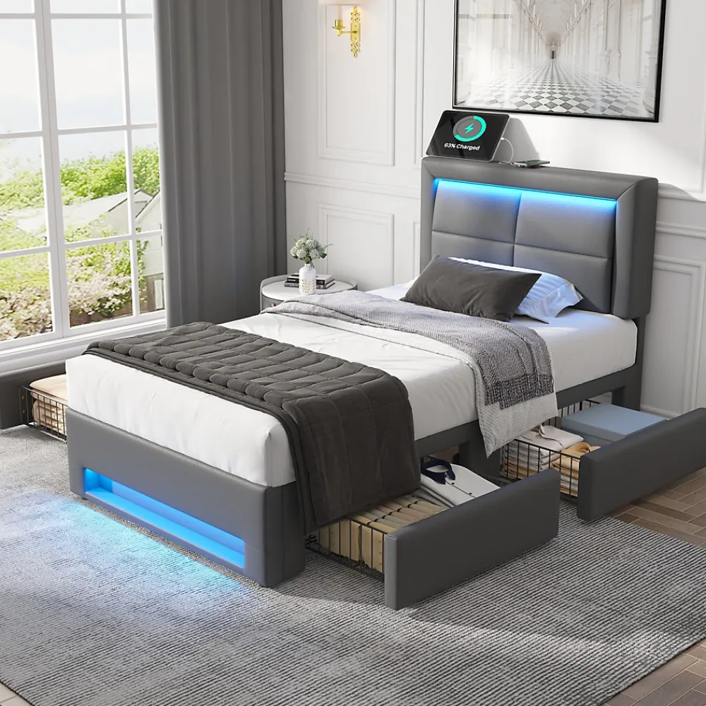 Lit Simple 90x190 cm - Lit Coffre avec 4 Tiroirs et Ports USB - Éclairage LED - Gain de Place - Gris - Sans Matelas>Okwish Clearance