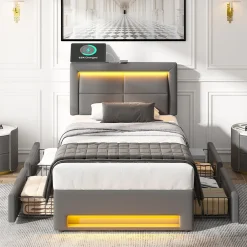 Lit Simple 90x190 cm - Lit Coffre avec 4 Tiroirs et Ports USB - Éclairage LED - Gain de Place - Gris - Sans Matelas>Okwish Clearance