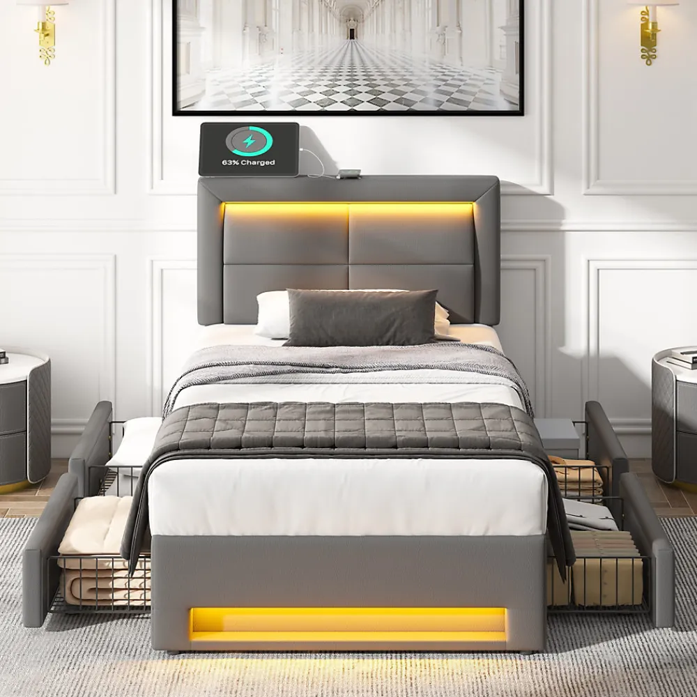 Lit Simple 90x190 cm - Lit Coffre avec 4 Tiroirs et Ports USB - Éclairage LED - Gain de Place - Gris - Sans Matelas>Okwish Clearance