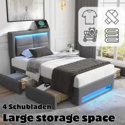 Lit Simple 90x190 cm - Lit Coffre avec 4 Tiroirs et Ports USB - Éclairage LED - Gain de Place - Gris - Sans Matelas><noscript><img width=