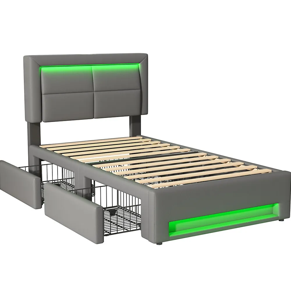 Lit Simple 90x190 cm - Lit Coffre avec 4 Tiroirs et Ports USB - Éclairage LED - Gain de Place - Gris - Sans Matelas>Okwish Clearance