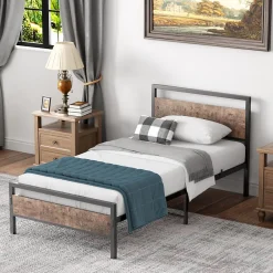 Lit Simple 90x200 cm - Lit en Métal Noir Solide avec Sommier à Lattes et Bois Robuste - Sans Matelas>Okwish Discount